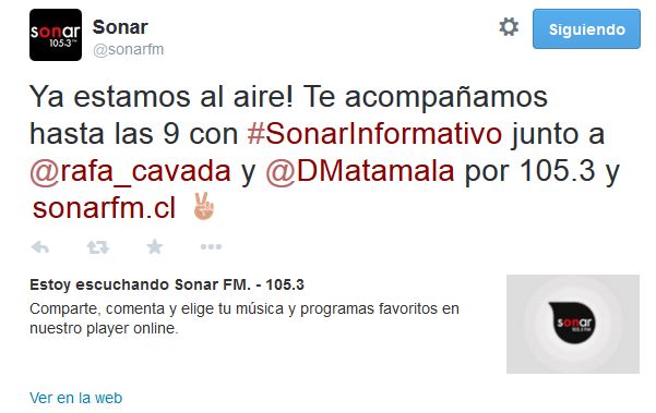 Tweet de Sonar FM mostrando una Twitter Card