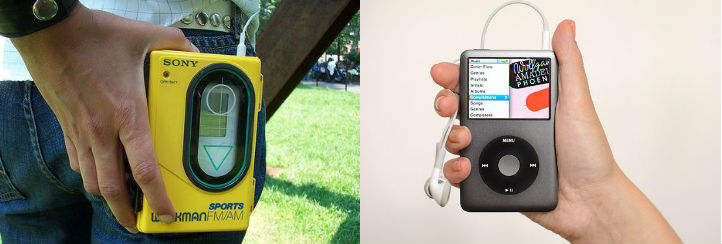 Walkman con cassette frente a un iPod
