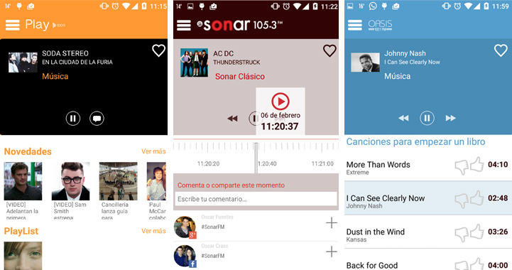 Aplicaciones móviles de Play FM, Sonar FM y Oasis FM