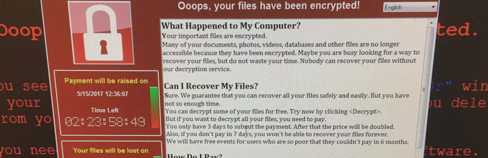 Mensaje de secuestro del ransomware WannaCry